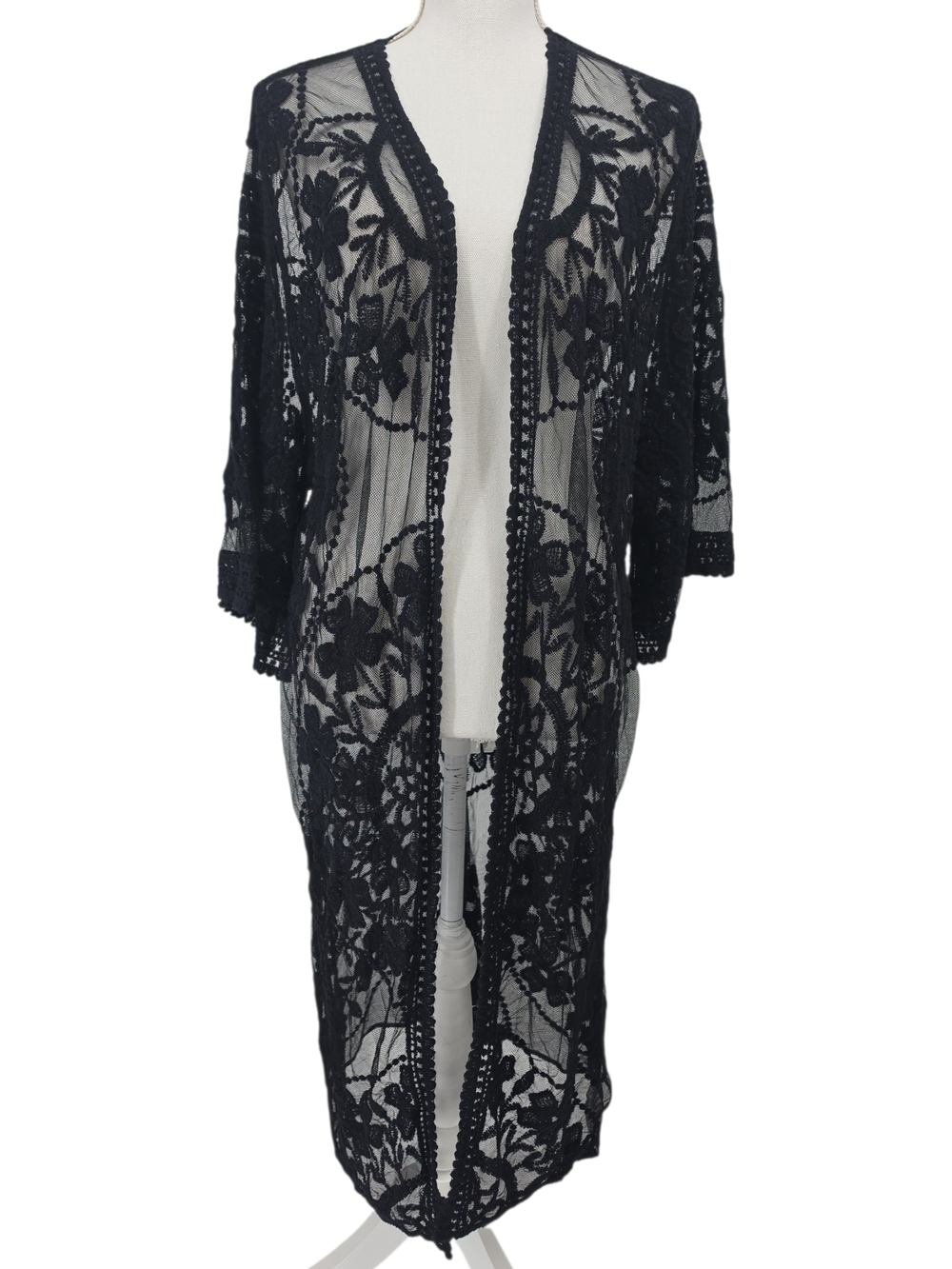 Black Floral Lace Kimono Cardigan Sheer Open Front Boho Festival - Picture 3 of 6